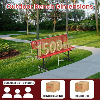 6ft Metal Park Bench with Backrest, Heavy-Duty Steel Outdoor Bench Weatherproof Playground Bench Seats, Commercial Garden Benches Red Dock Benches for Lawn, Park, Deck,Patio, Porch, Easy Installation