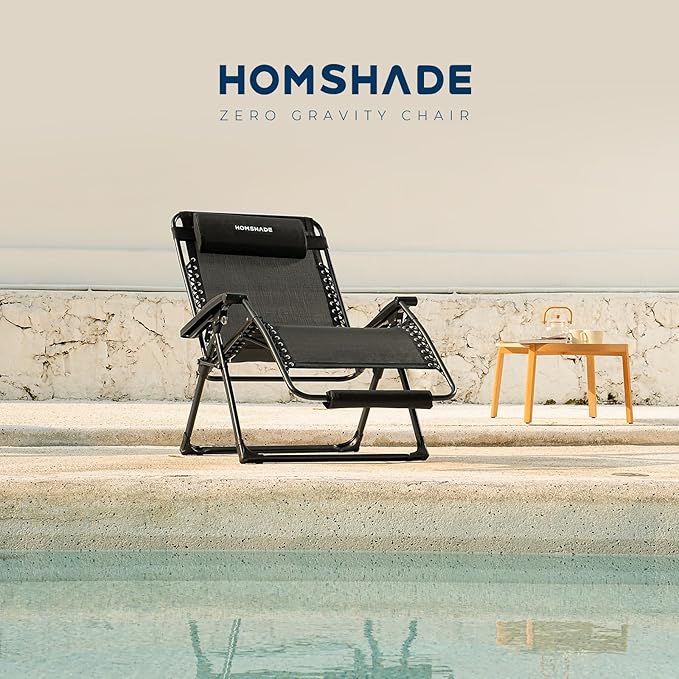 HOMSHADE XXL Zero Gravity Chair with Cushion, 33In Oversized Zero Gravity Lounge Chair, Patio Outdoor Recliner Chair for Indoor Outdoor with Headrest, Cup Holder, Footrest Support 500Lbs, Black