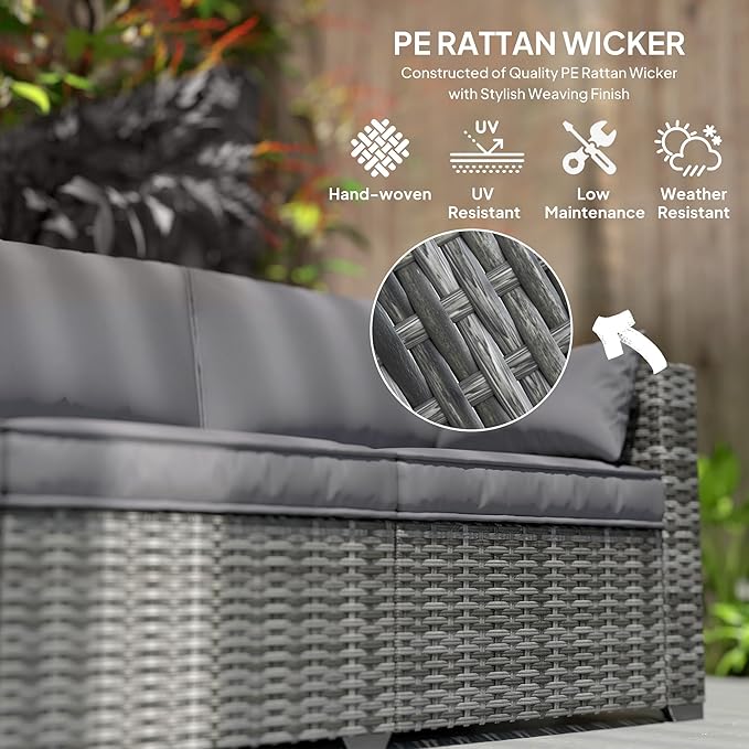 Outsunny 3 Seater Wicker Sofa with Side Tray Tables, Rattan Outdoor Patio Sofa with 6" Thick Back Cushions - Photo 5