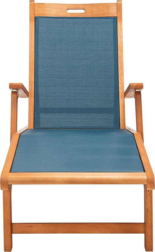 SAFAVIEH Outdoor Collection Kamson Natural Brown Solid Wood/Navy Fabric Adjustable Chaise Lounge Chair (PAT7071B) - Photo 1