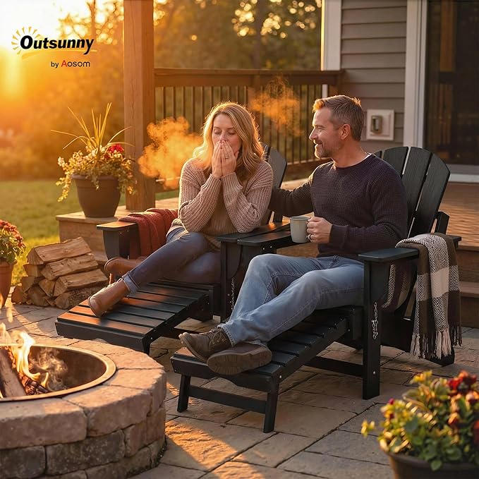Outsunny Folding Adirondack Chair Set of 2, Outdoor HDPE Fire Pit Chair with Retractable Ottoman, Cup Holder and Large Seat for Deck, Garden, Backyard, Black