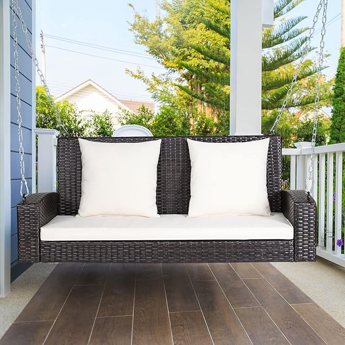Tangkula 2-Person Wicker Porch Swing, Patiojoy Outdoor Rattan Hanging Swing Bench W/ 2 Back Cushions & 1 Seat Cushion - Photo 3