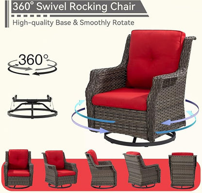 5 Piece Patio Furniture Set, 3-Seater Couch, 2 Swivel Glider Chairs and 2 Side Tables, Outdoors Rattan Conversation Set with Deep Seating and Olefin Cushions, for Backyard, Garden, Red