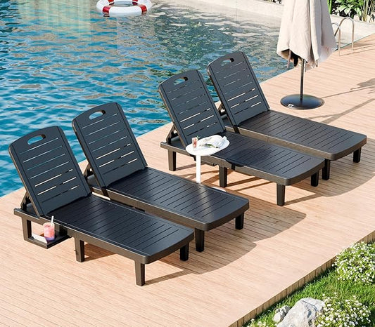 WACASA Outdoor Chaise Lounge Chairs Set of 4, Oversized Lounge Chairs with 5-Level Adjustable Backrest & Cup Holder, Resin Waterproof Pool Lounge Chair for Poolside, Patio, Beach, Yard, Black