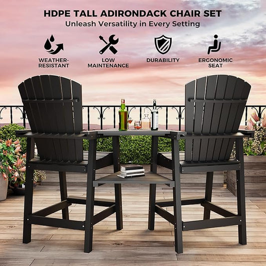 Outdoor Recycled Poly Adirondack Barstools with Connecting Tray, Tall Adirondack Chairs Bar Chairs for Deck, Balcony, Backyard, Patio Bar Stool Chair with High Back Weather Resistant Set of 2