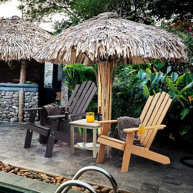 Melucivi Adirondack Chair Weather Resistant with Cup Holder, Fire Pit Chair Patio Outdoor Garden Resin Adirondack Chair for Adult, Black with Wood Grain