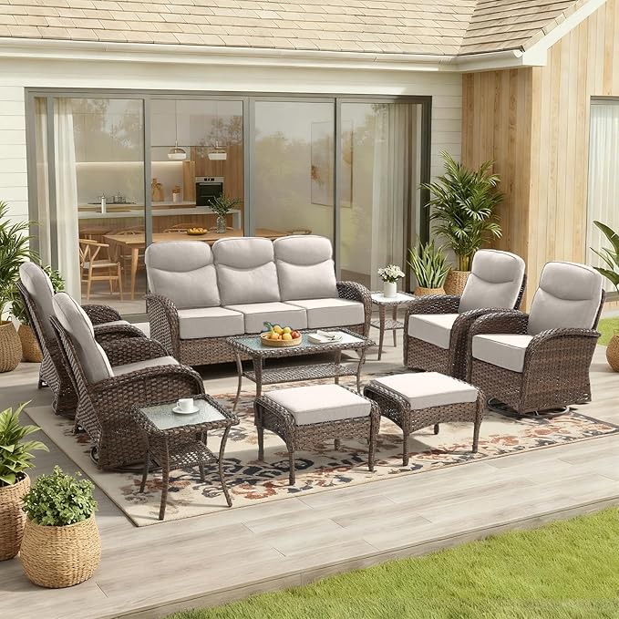 Outdoor Ottomans Patio Footrest Set of 2 - High Back Comfortable Brown Wicker Rattan Steel Frame Footstool Additional Bench Side Table for Porch Balcony Deck Garden Poolside - Beige