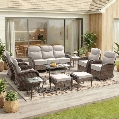 Outdoor Ottomans Patio Footrest Set of 2 - High Back Comfortable Brown Wicker Rattan Steel Frame Footstool Additional Bench Side Table for Porch Balcony Deck Garden Poolside - Beige