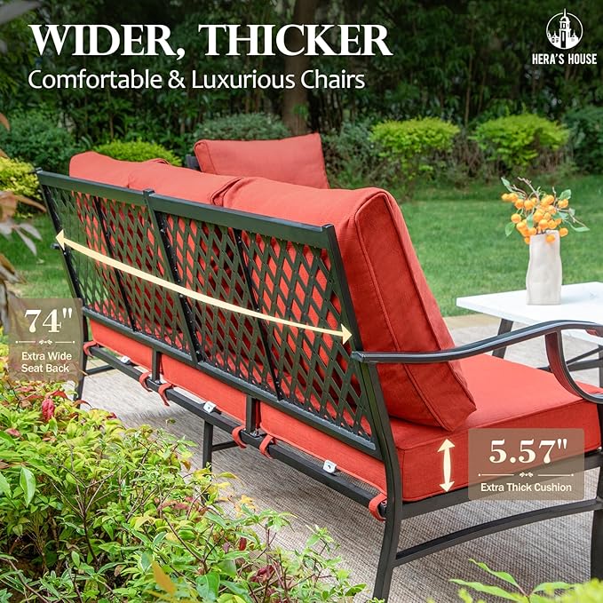 HERA'S HOUSE Patio Furniture Sofa, All-Weather Outdoor 3 Seats Couch, Outdoor Patio Couch with Deep Seating and Olefin Cushions for Lawn Garden Backyard, Red