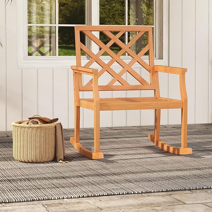 Tangkula Teak Wood Rocking Chair, Oversized Porch Rocker with Backrest and Slatted Seat, Outdoor Rocker Chair for Patio, Backyard and Lawn, 330 LBS Weight Capacity (2, 32 x 28 x 35 Inch)
