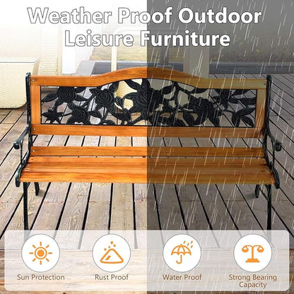 Giantex 50 Inch Patio Bench, Outdoor Furniture Rose Cast Iron Hardwood Frame Porch Loveseat, Weather Proof Porch Path Chair for 2 Person Outside Bench