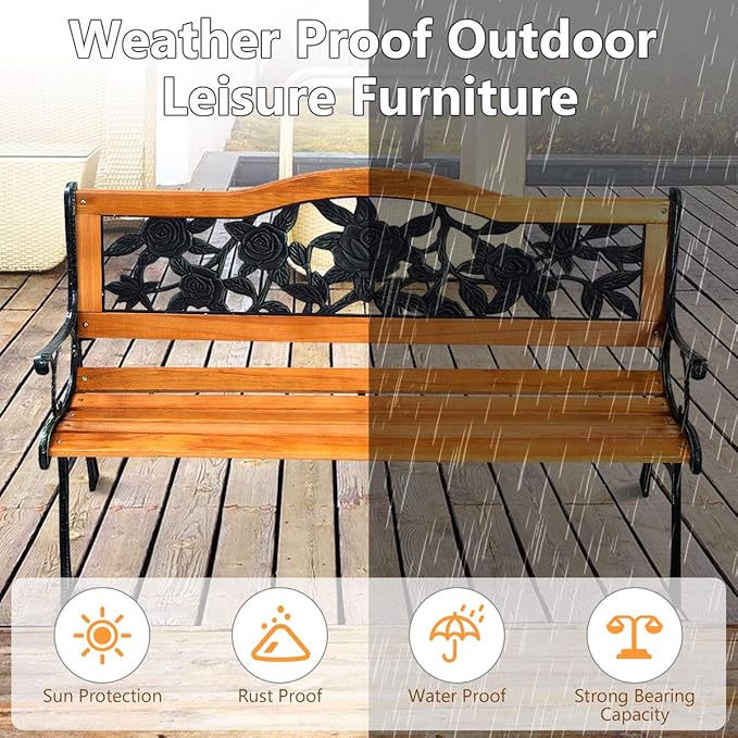 S AFSTAR Outdoor Garden Bench, Patio Bench with Large Rose Cast Backrest & Comfort Wood Seat, 470 LBS Load Capacity - Photo 5