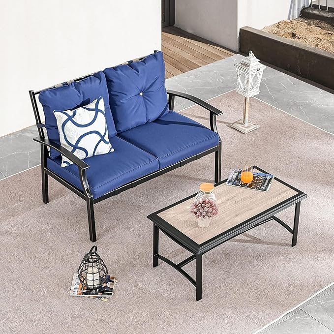 LOKATSE HOME Outdoor 2 Pcs Patio Loveseat Bench with Thick Cushions Coffee Table Metal Furniture Set Sofa for Garden Poolside Balcony