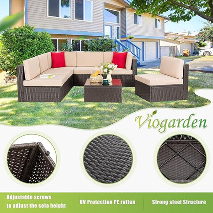 Vongrasig 7 Pieces Patio Furniture Sets, Outdoor Patio Conversation Set PE Rattan Wicker Sectional Sofa Couch with Glass Coffee Table for Garden, Poolside, Backyard, Beige
