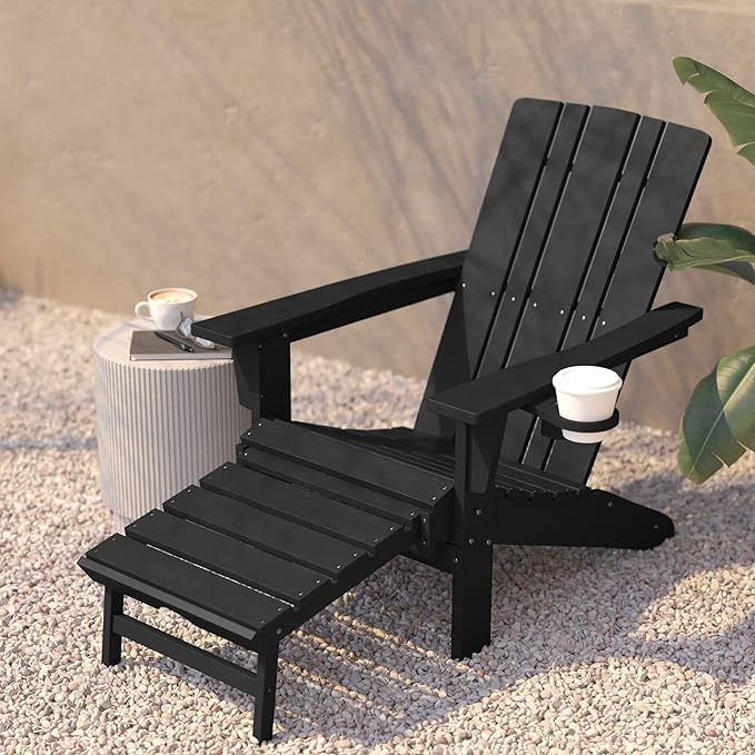 Flash Furniture Halifax Poly Resin Adirondack Chair with Cup Holder and Pull Out Ottoman, All-Weather Poly Resin Indoor/Outdoor Lounge Chair, Black