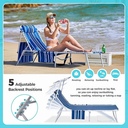 #WEJOY Folding Lounge Chair with Canopy Shade, Portable Adjustable 5-Position Patio Chaise Lounger with Pillow & Pouch for Lay Flat Outdoor Lawn Backyard Beach Camping Pool Tanning (Blue White)