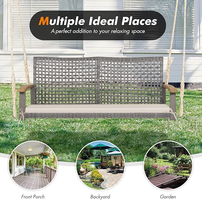 RELAX4LIFE 2-Seater Outdoor Porch Swing - Patio PE Rattan Hanging Swing Bench with Seat Cushion and Strong Hanging Ropes - Photo 8
