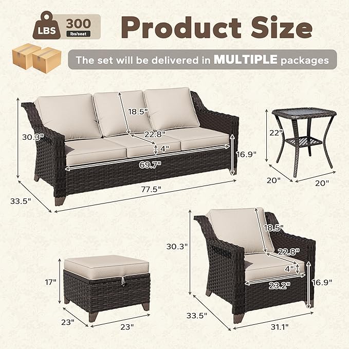 6 Pieces Patio Conversation Furniture Set - 1 Sofa, 2 Armchairs, 2 Ottomans, 1 Side Table - Photo 2