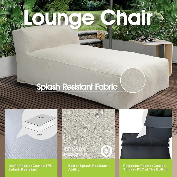 Dineli Chaise Lounge Chair Outdoor Bed Lounger Outdoor Couch Sofa for Pool Comfy Patio Furniture Foam Filling Bean Bed Chair Lazy Sofa for Outside, Water-Resistant Sunbed (Ivory, 70'' Length)