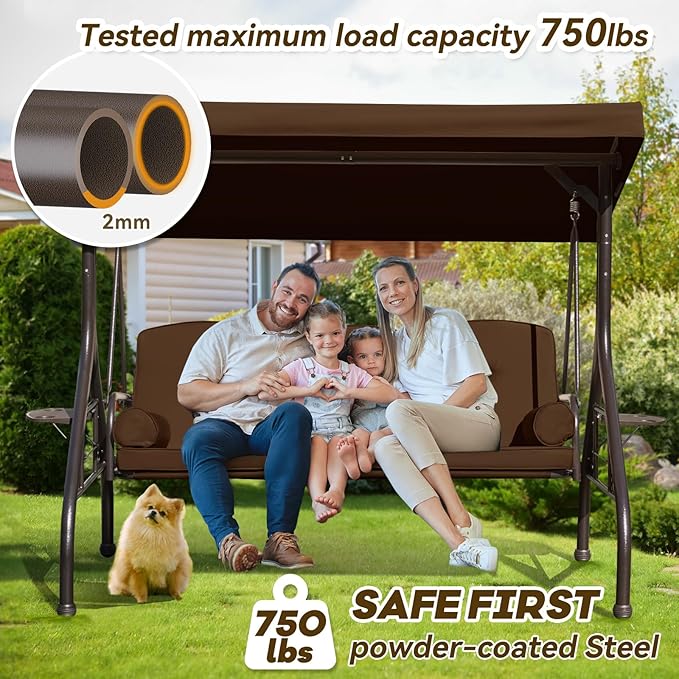 3 in 1 Patio Swing with Adjustable Canopy for Adults, 3 Seat Outdoor Swing with Thickened Cushions - Photo 3