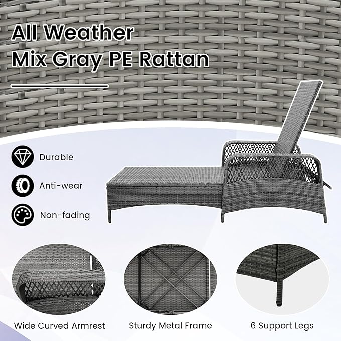 HAPPYGRILL Patio Rattan Chaise Lounge, Outdoor PE Wicker Sun Lounger with Adjustable Backrest - Photo 6
