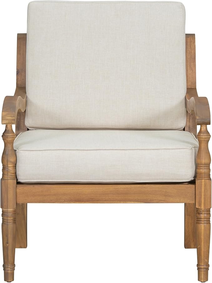 Christopher Knight Home Pyosik Acacia Wood Patio Chair, Comfy Armchair with Thick Cushions, Comfort Seating for Garden Backyard Poolside, Wooden Lounge Chair Outdoor with Armrest, Beige + Natural