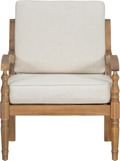 Christopher Knight Home Pyosik Acacia Wood Patio Chair, Comfy Armchair with Thick Cushions, Comfort Seating for Garden Backyard Poolside, Wooden Lounge Chair Outdoor with Armrest, Beige + Natural