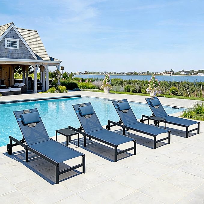 PURPLE LEAF Outdoor Tanning Lounge Chair Set with Face Hole Aluminum Adjustable Chairs Wheels Pillows and Table for Poolside Beach Patio Reclining Sunbathing Lounger Indigo