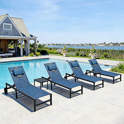 PURPLE LEAF Outdoor Tanning Lounge Chair Set with Face Hole Aluminum Adjustable Chairs Wheels Pillows and Table for Poolside Beach Patio Reclining Sunbathing Lounger Indigo