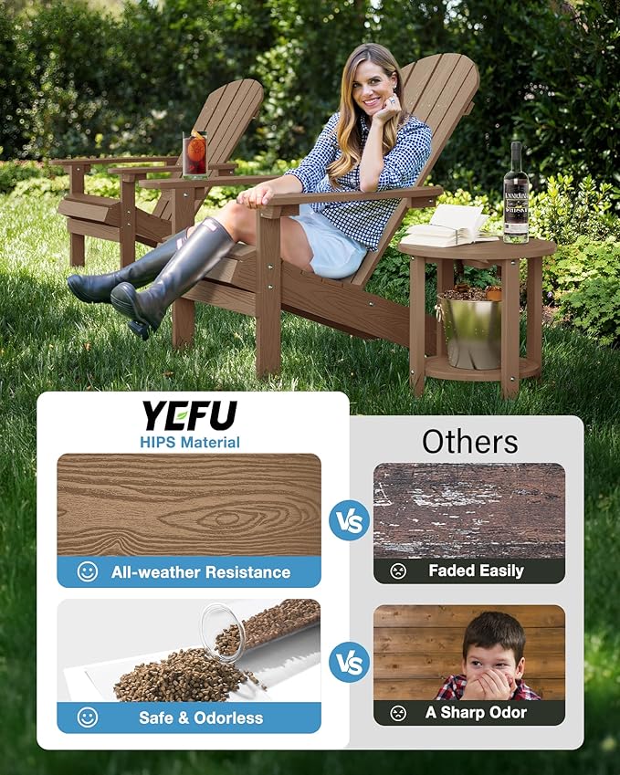 YEFU 3-Piece Adirondack Chair and Table Set: Outdoor Lounge Furniture Set - Outdoor Chair Plastic Weather Resistant with Wide Armrests for Patio Lawn Pool Porch Garden(Teak
