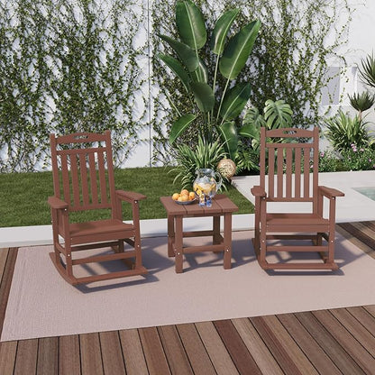 PLUUV Outdoor Rocking Chair, HDPE Patio Rocking Chairs with Footboard, All Weather Porch Rockers Outdoor for Adult, Effortless Installation, Coffee