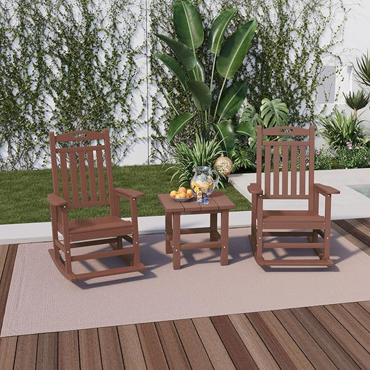PLUUV Outdoor Rocking Chair, HDPE Patio Rocking Chairs with Footboard, All Weather Porch Rockers Outdoor for Adult, Effortless Installation, Coffee