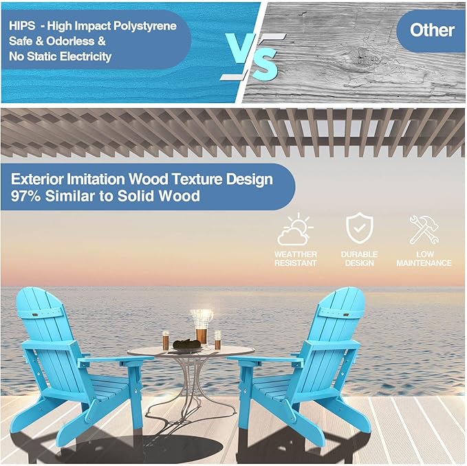 Folding Adirondack Chairs Set of 4, All Weather Resistant Plastic Chairs with Cup Holder, Fold or Unfold Easily in 1 Second, Outdoor Chairs for Patio, Garden, Backyard Deck, Lawn Fire Pit(Lake Blue)