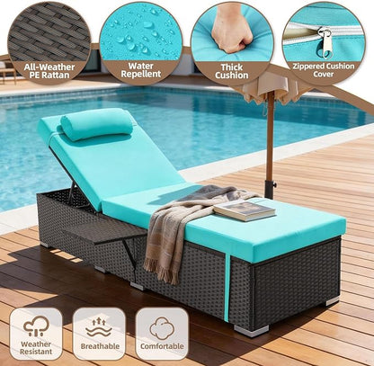 Outdoor Chaise Lounge with Adjustable Backrest Set of 4, 6-Position Reclining Lounger Pool Chair, Thick 3-Inch Cushion & Side Tray, All-Weather PE Wicker for Outdoor, Backyard, Deck (Blue)