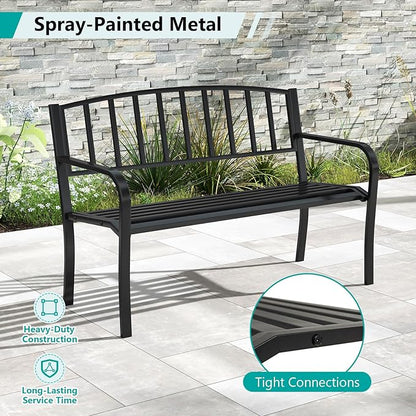 Tangkula Metal Outdoor Park Bench, 50 Inches Patio Garden Bench with Slatted Backrest and Curved Armrests, 2-3-Person Patio Bench, Outdoor Metal Loveseat Chair for Porch, Lawn, Yard and Park