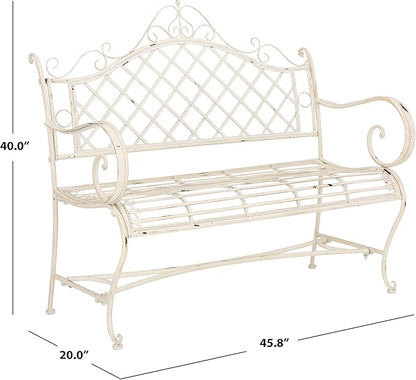 Safavieh PAT5017A Collection Adina Antique White Wrought Iron 51.25" Outdoor Garden Bench
