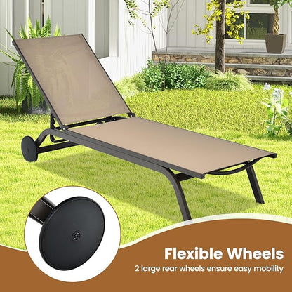 COSTWAY Outdoor Patio Chaise Lounge, 6-Position Adjustable Pool Lounger with Stable Aluminum Frame, Portable Sun Bathing Lounge Chair on Wheels for Backyard Garden, Brown