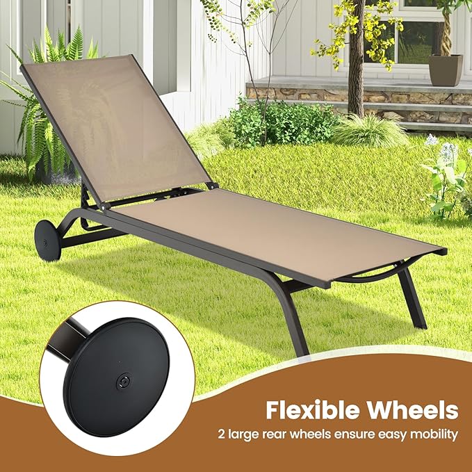 COSTWAY 2 PCS Outdoor Patio Chaise Lounge, 6-Position Adjustable Pool Lounger with Stable Aluminum Frame, Portable Sun Bathing Lounge Chair on Wheels for Backyard Garden, Brown