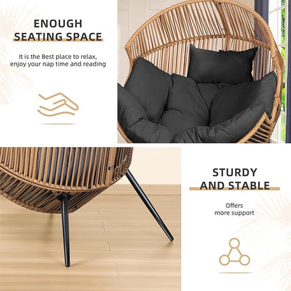 SUNLEI Outdoor Wicker Egg Chair PE Rattan Chair with Cushion, Oversized Patio Lounge Chair for Outdoor, Indoor, Balcony, Backyard, Black
