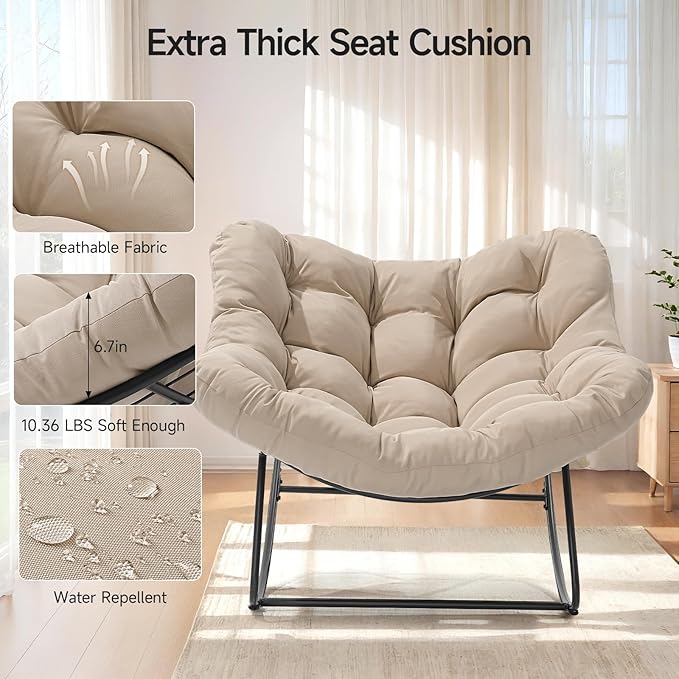 ONBRILL Outdoor Papasan Rocking Chair, 450 lbs Oversized Comfy Patio Chair with Thickened Cushion, Indoor Egg Rocking Lounge Chairs, Rocker Chairs for Patio Porch Garden Living Room Bedroom, Beige