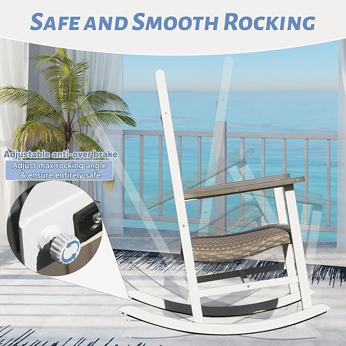 Outdoor Wicker Rocking Chairs Set of 3, 2 Chairs Made of Metal & Rattan + 1 All Metal Table, Oversized Patio Rocker with High Back for Adults, All-Weather Outside Furniture, White & Brown