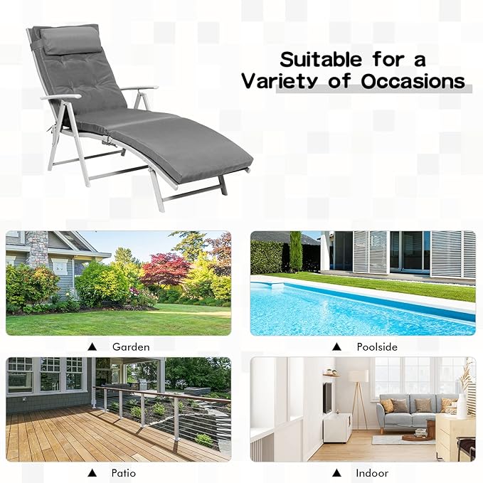 Giantex Chaise Lounge Chair for Outside, Pool Folding Reclining Beach Chair W/Removable Cushion&Headrest Pillow, Outdoor Lounge Chaise w/ 7 Backrest Positions, Portable Patio Lounger (1, Grey)