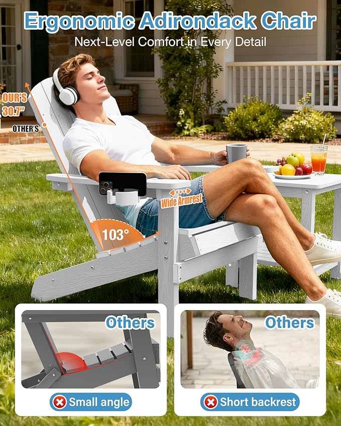 YEFU Adirondack Chairs with Cup Holders: Set of 6 Fire Pit Chairs Plastic with Wood Texture - Sturdy All-Weather HIPS for Patio Backyard Lawn - Easy Assembly Outdoor Furniture(White)