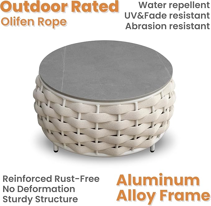 Short Round Patio Side Table: Assembled Hand Woven Rope Accent Tables - Aluminum Outdoor Coffee Table Modern - Metal Porch Furniture for 176lbs Deck Pool Garden Balcony Hotel φ25.6''/65cm, Beige