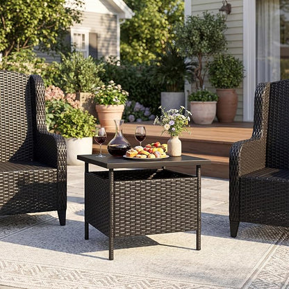 Tangkula Outdoor Wicker Table, Rattan Coffee Table with Umbrella Insert Hole, HDPE Tabletop & Sturdy Metal Frame, Patio Umbrella Side Table Stand for Backyard, Garden, Poolside (Black)