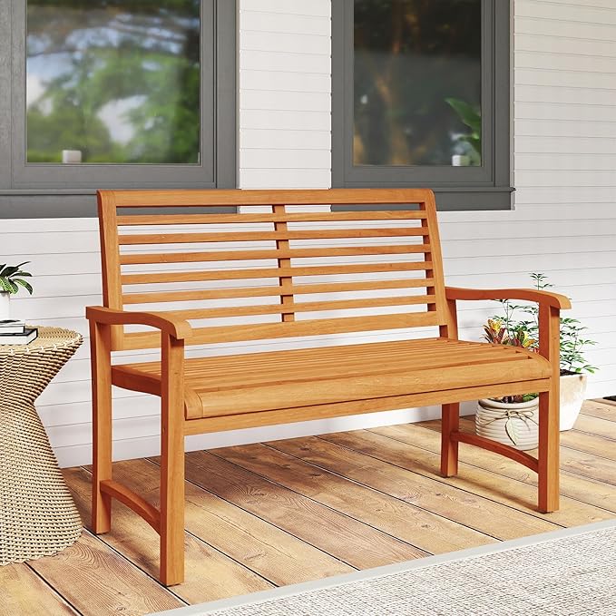 Tangkula Teak Wood Outdoor Bench with Backrest, Patio Garden Park Bench with Slatted Backrest & Seat, Curved Armrests, 800 lbs Capacity, 2-Person Outside Loveseat for Porch, Deck and Backyard