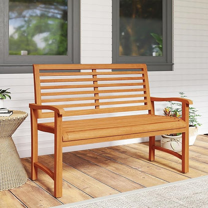 Tangkula Teak Wood Outdoor Bench with Backrest, Patio Garden Park Bench with Slatted Backrest & Seat, Curved Armrests, 800 lbs Capacity, 2-Person Outside Loveseat for Porch, Deck and Backyard