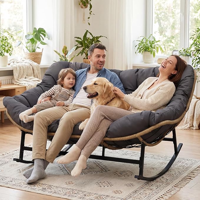 NICESOUL Double Papasan Rocking Chair Outdoor Indoor, XL Large Patio Padded Glider Lounge Chairs for 2, Comfortable Egg Rocker Loveseat with Cushion, Wide Big Recliner for Outside Balcony, Grey