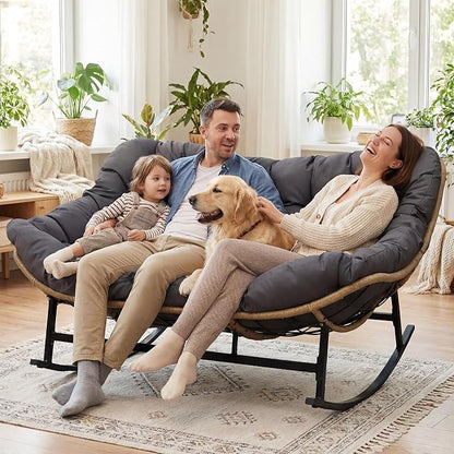 NICESOUL Double Papasan Rocking Chair Outdoor Indoor, XL Large Patio Padded Glider Lounge Chairs for 2, Comfortable Egg Rocker Loveseat with Cushion, Wide Big Recliner for Outside Balcony, Grey