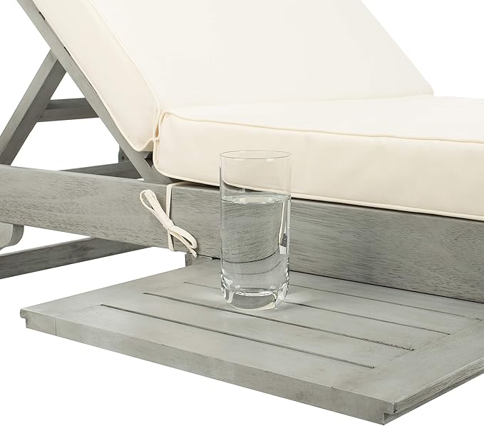SAFAVIEH Outdoor Collection Newport Grey / Beige Cushion Built-in Side Table Adjustable Chaise Lounge Chair